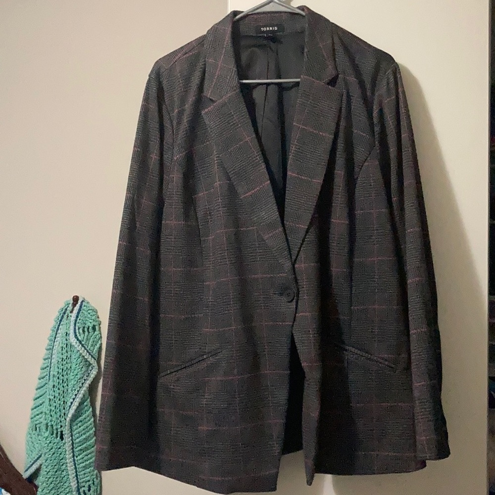 Gray and pink plaid blazer